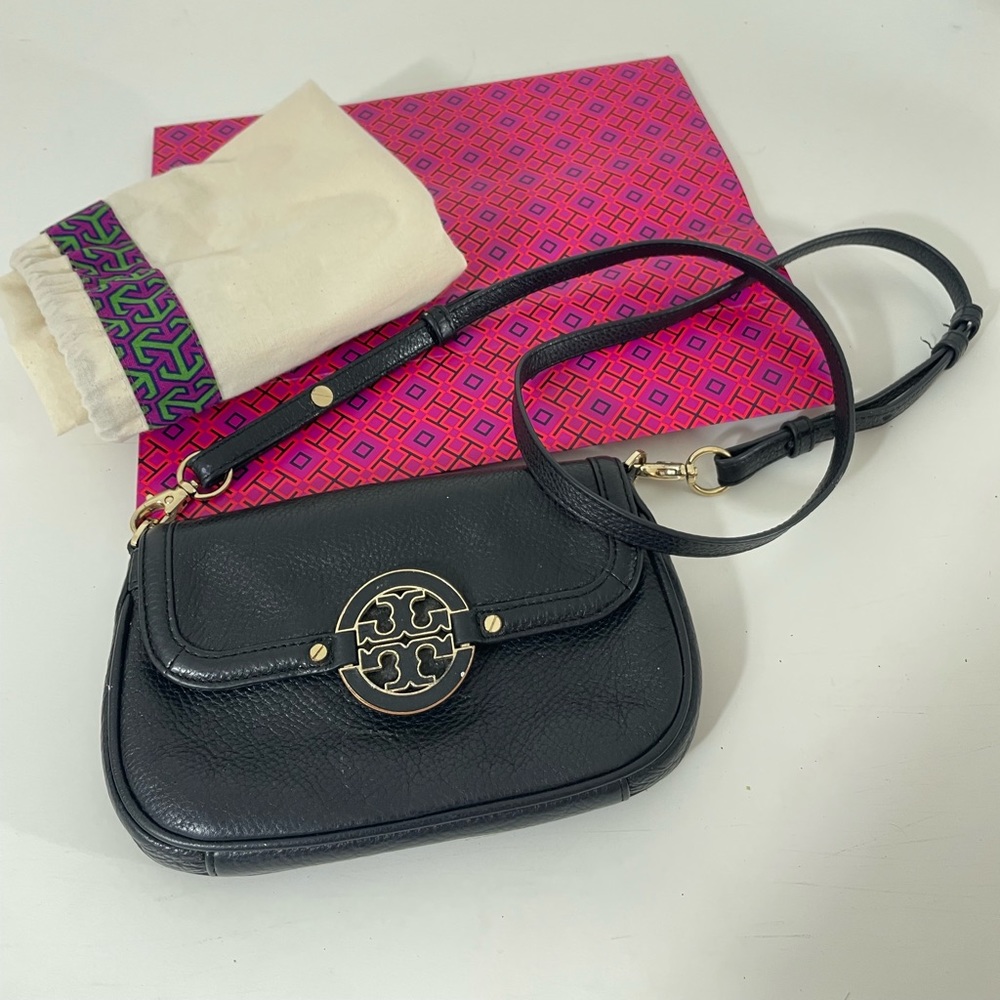 Tory Burch Black Leather Crossbody with Gold Logo